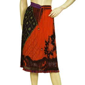 Etro Orange 100% Silk Pleated Drawstring Knee Length Midi Skirt Size 44