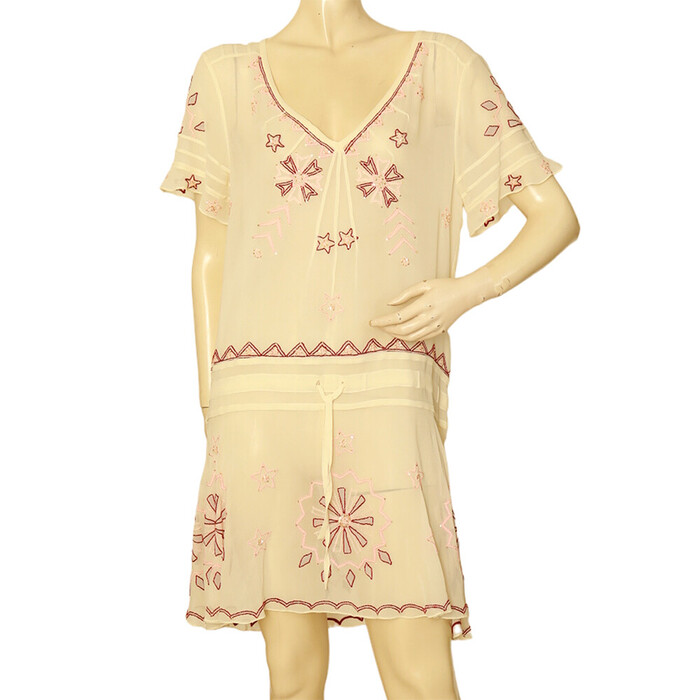 Temperley London Ivory Silk Red Pink Embroidery  Sheer Mini Dress size UK 12