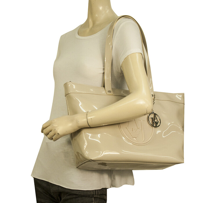 Armani Jeans Cream PVC Large Satchel Tote Shopper Handbag w. Charm Bag superb!