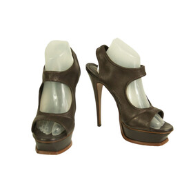 Yves Saint Laurent YSL Brown Stretch Leather Strappy Open Toe Sandal Heels 40