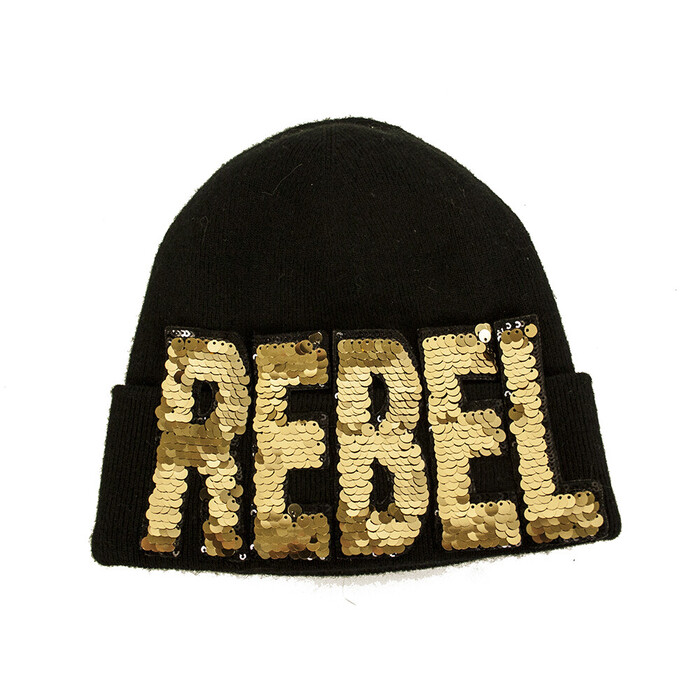 Regina Italy Black Knit Gold Sequins "Rebel" Warm Beanie Winter Hat