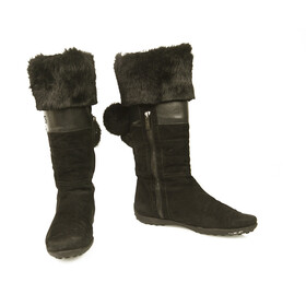 TOD&#039;S Gommino Black Suede Fur Pom Pom Flat Half Zipper Boots ( 38 ? )