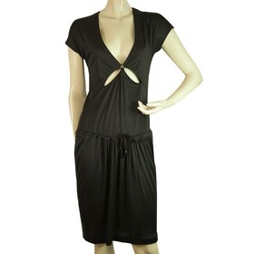 Tomas Maier Black Silk V Neckline w. Slits Cap Sleeves Knee Jersey Dress size 36