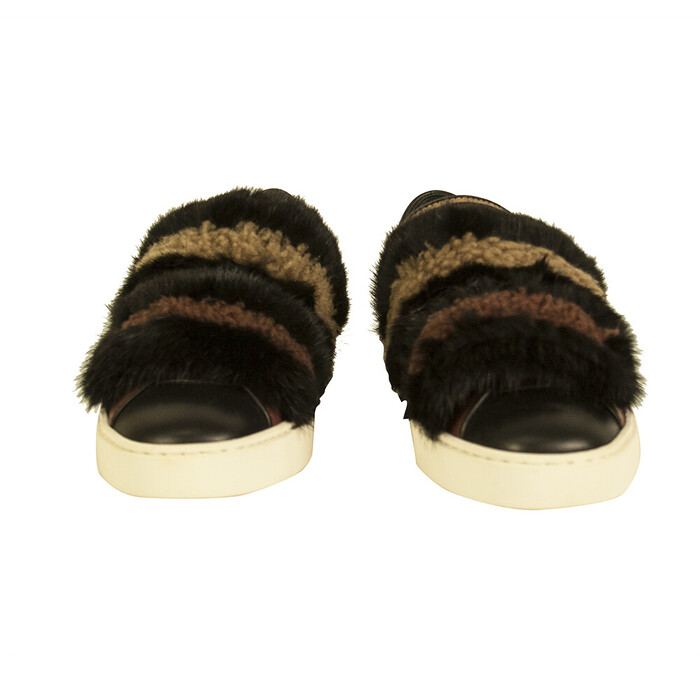 Santoni Black Brown Fur Leather Low Top Sneakers Trainers Shoes size 37