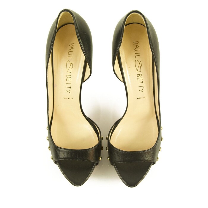 Paul & Betty Black Leather Open Toe Pumps Platform Shoes w. Gold Studs sz 39