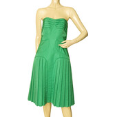 Zac Posen Grass Green Strapless Silk bustier Pleated Skirt midi dress size 8