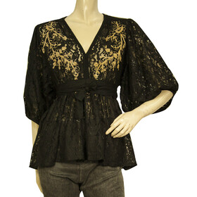 Miss June Black Lace Gold Floral Embroidery Puff Sleeves Tunic Blouse Top