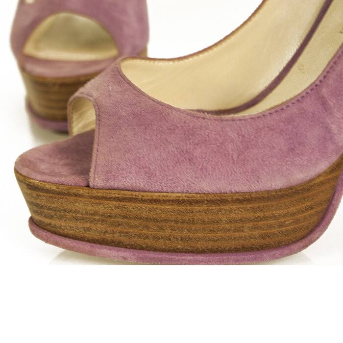 Brian Atwood Pink Purple Suede Open Toe Pumps Slim High Wooden Heels Shoes sz 37