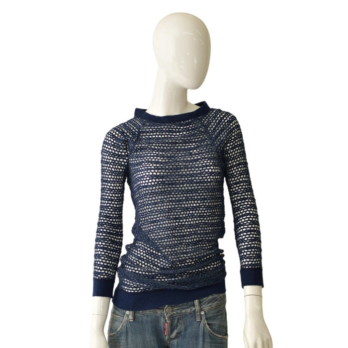 Isabel Marant Blue Perforated Elastic Sheer Fitted Blouse Long Sleeve Top size 2 & 3