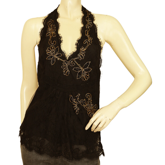 Temperley Black Lace Floral Beaded Halter Neck Open Back Sleeveless Top sz UK 10