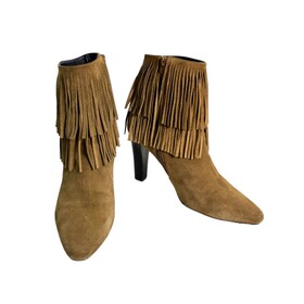 Saint Laurent Camel Beige Suede Fringe High Heels Almond Toe  Ankle Booties Shoes 38.5