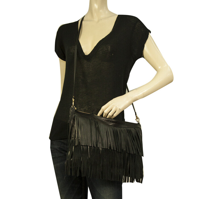 Stella Rittwagen Black Leather Boho Hippie Shoulder Bag with Fringes Handbag