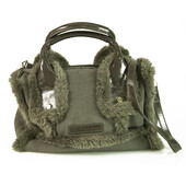 Ferre Milano Gray Shearling Fur & Patent Leather Satchel Shoulder Bag Handbag