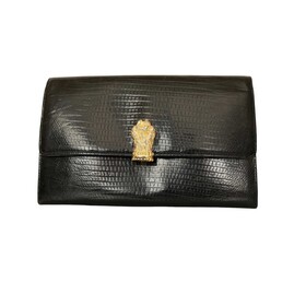 Gianfranco Ferre Black Lizard Leather Flap Top Clutch Bag Goldtone Lion Paw