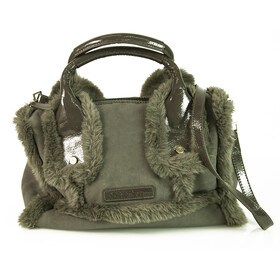 Ferre Milano Gray Shearling Fur &amp; Patent Leather Satchel Shoulder Bag Handbag