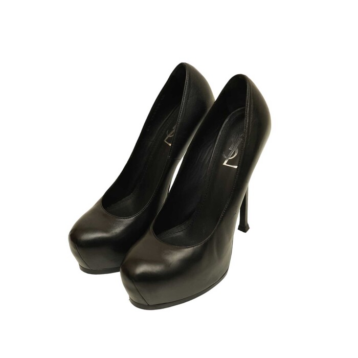 Yves Saint Laurent YSL Tribute Black Leather Round toe Platform Heels Pumps 40