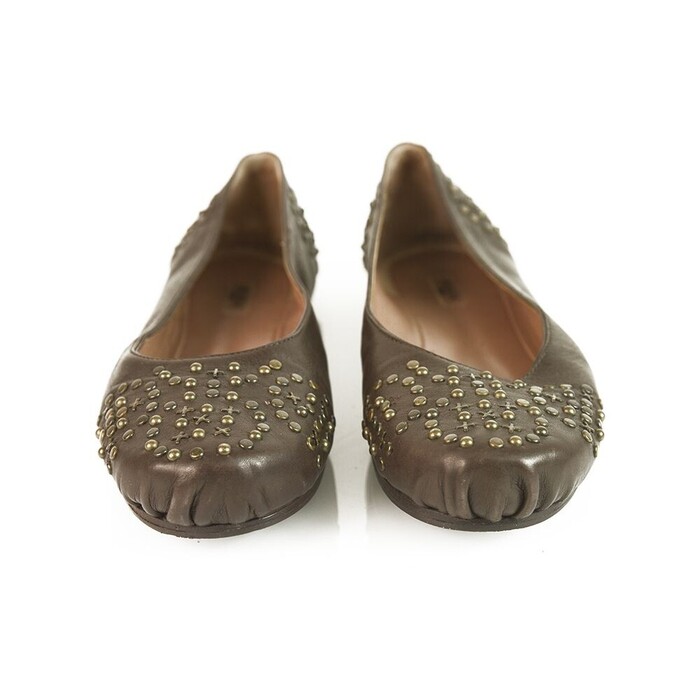 Alaia Brown Leather Brass Tone Studded Ballerina Shoes Ballet Flats 36.5