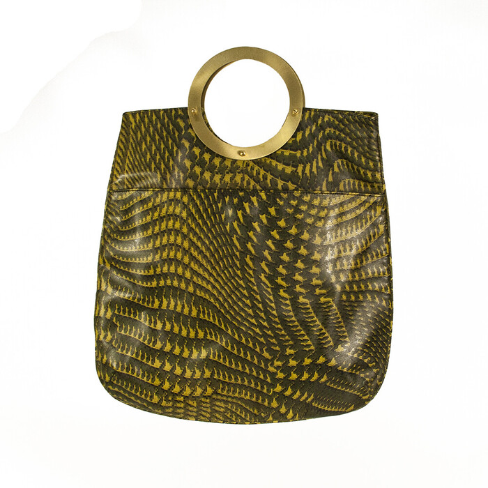 Angelo Marani Green Snake Pattern Canvas Gold Tone Ring Bag Handbag