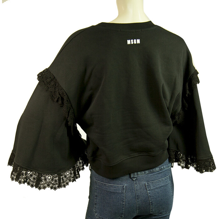 MSGM Black Long Wide Sleeves w. Lace Cotton Crop Top Sweater size S