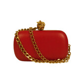 Alexander McQueen Red Leather Crystal Studded Gold Stabbed Skull Clasp Clutch