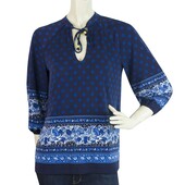 Michael Kors Blue Tie Neck 3/4 Sleeves Floral Tunic Top Blouse size P