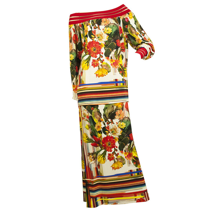 Fuzzi Multicolor Cactus Flowers Off Shoulder Top Long Maxi Skirt Set size S
