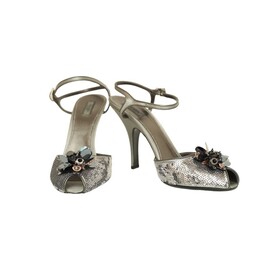 PRADA Silver Leather &amp; Sequins Peep Toe Strappy Sandals Heels Shoes - Sz 39.5