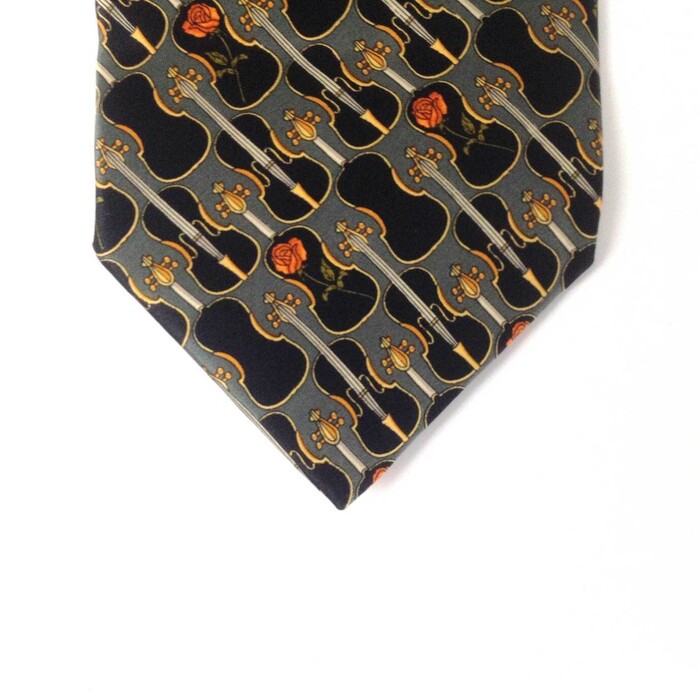 Yves Saint Laurent YSL Silk Gray Yellow Violin & Roses Neck Tie Necktie