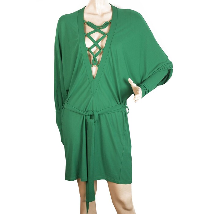 Balmain Green Criss Cross Deep V Neckline Dolman Sleeve Mini Length Dress 36