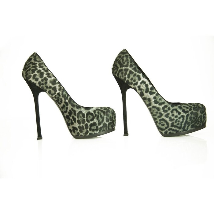 Yves Saint Laurent Gray Leopard Calf Hair Tribute Tribtoo Heels Pumps 40 Shoes