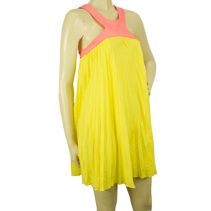 Paul & Joe Yellow Pink Pleated Sleeveless Halter Mini Summer Dress size 40