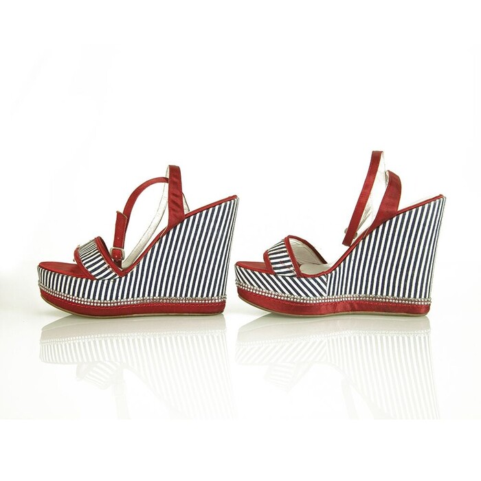 Solo Per Te Blue White Stripes Red Crystals Wedge Platform Sandals shoes ( 39 ?)