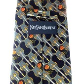 Yves Saint Laurent YSL Silk Gray Yellow Violin & Roses Neck Tie Necktie