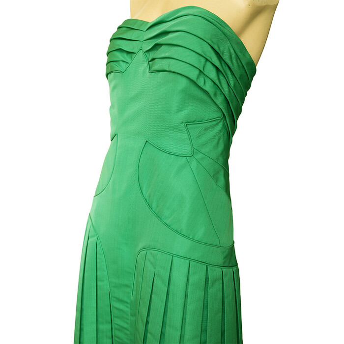 Zac Posen Grass Green Strapless Silk bustier Pleated Skirt midi dress size 8