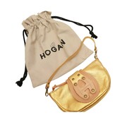 Hogan Gold Leather Beige Det. Shoulder Strap Handbag Zipper top Bag