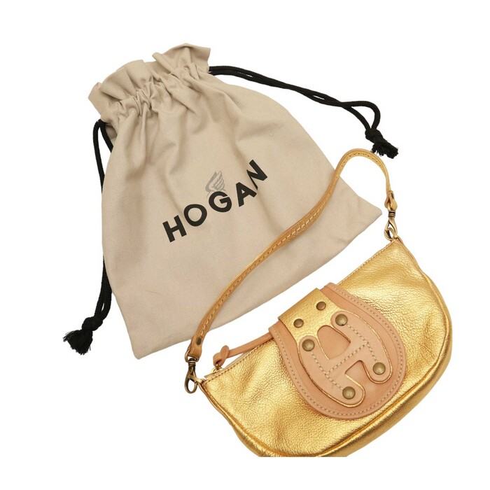 Hogan Gold Leather Beige Det. Shoulder Strap Handbag Zipper top Bag