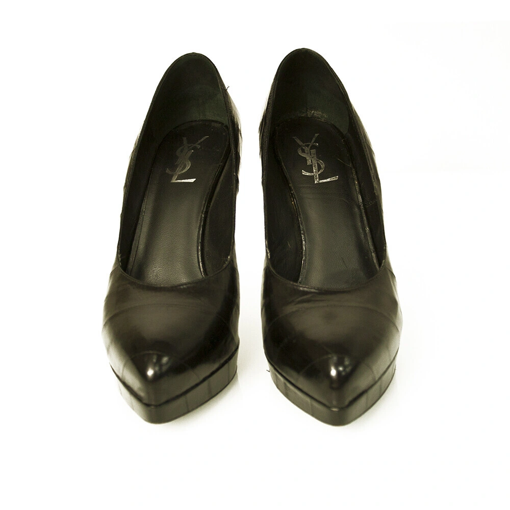 Yves Saint Laurent YSL Black Watersnake Leather Platform Heels