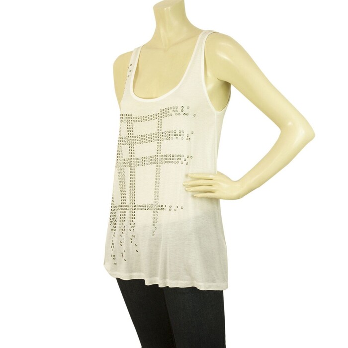 Burberry Brit White w. Silver Nova Check Long Sleeveless Tank Vest Top SZ XS