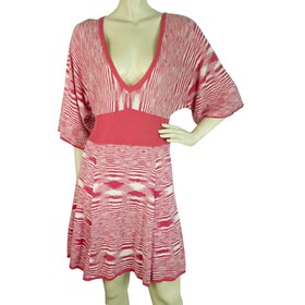 BCBG Maxazria Fuchsia White Striped V Silk Cotton Knit Tunic Mini Dress size L