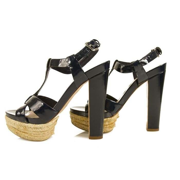 Miu Miu Dark Blue Patent Leather Jute Platform High Heel Strappy Sandals 36,5