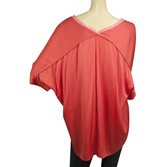 Elie Tahari Silk Coral Color & Pink Trim Dolma Short Sleeves Blouse Top Size L