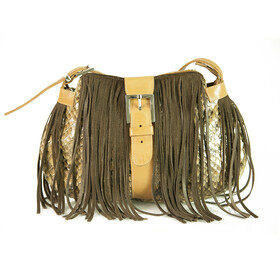 Sem Vaccaro Brown Python Leather Boho Hippie Shoulder Bag with Fringes Handbag