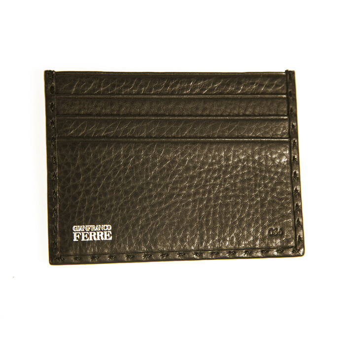 Gianfranco Ferre Black Grained Leather New Unisex Men Card Case Pocket Wallet