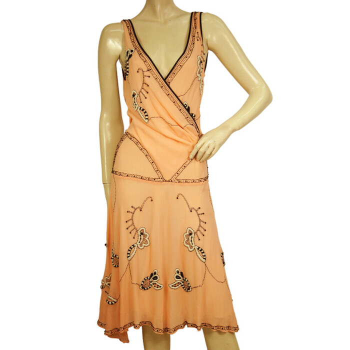 Temperley London Peach Silk Floral Beaded Embroidery Knee Dress size UK 10