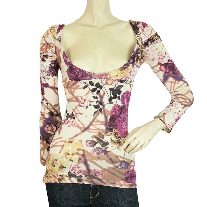 Just Cavalli Floral Long Sleeves Pleated Shoulders Fitted Top Blouse