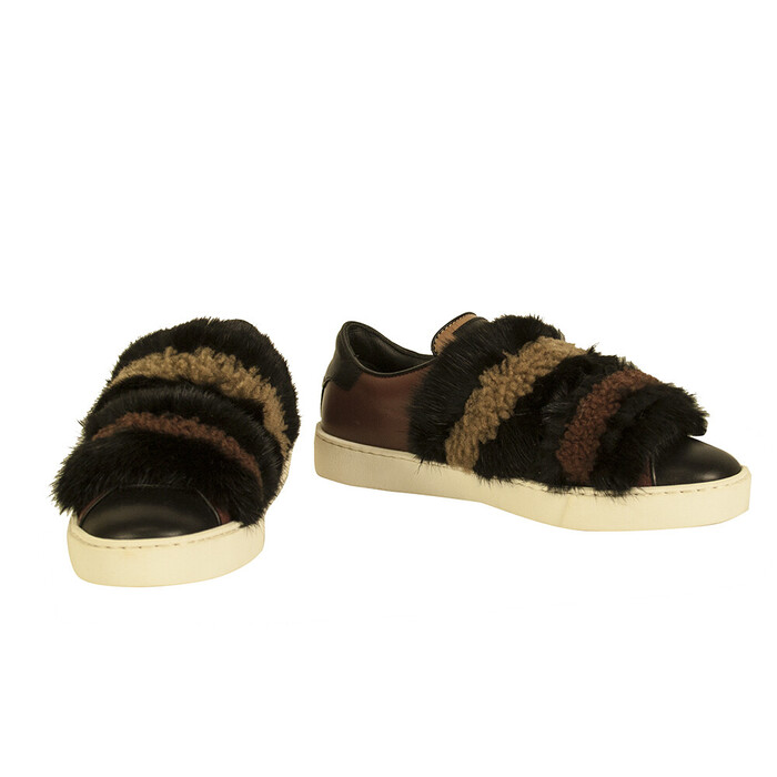 Santoni Black Brown Fur Leather Low Top Sneakers Trainers Shoes size 37