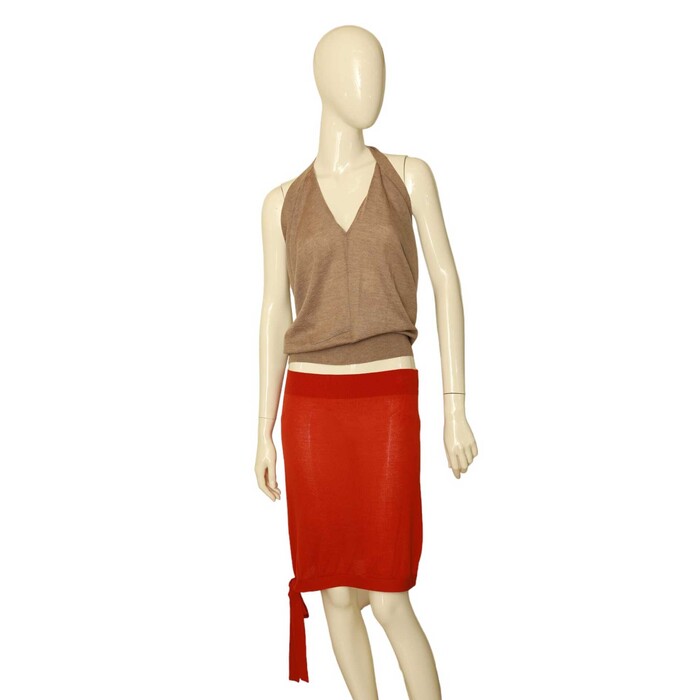 Tomas Maier Red & Beige 100% Cashmere knit Convertible Top & Skirt size 36 / 38