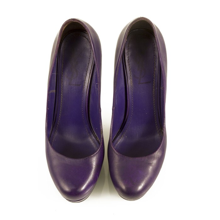 Yves Saint Laurent YSL Tribute Purple Leather Round toe Platform Heels Pumps 37