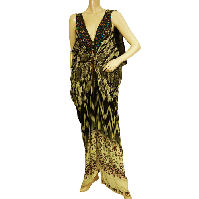 Camilla Ethnic Print Beaded 100% Silk Sleeveless Long Summer Caftan dress