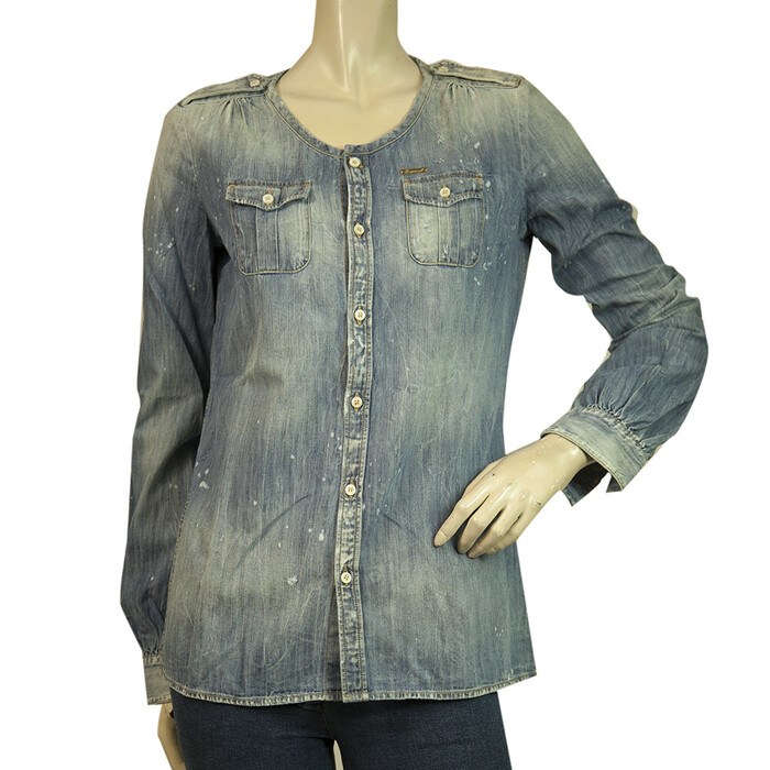 DSquared Blue Denim Woman's Collarless Button Down Distressed Look Shirt - SZ 40